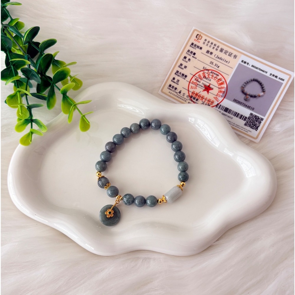 Authentic Jadeite Beaded Bracelet with Jade Donut & Flower Charm 23.31g